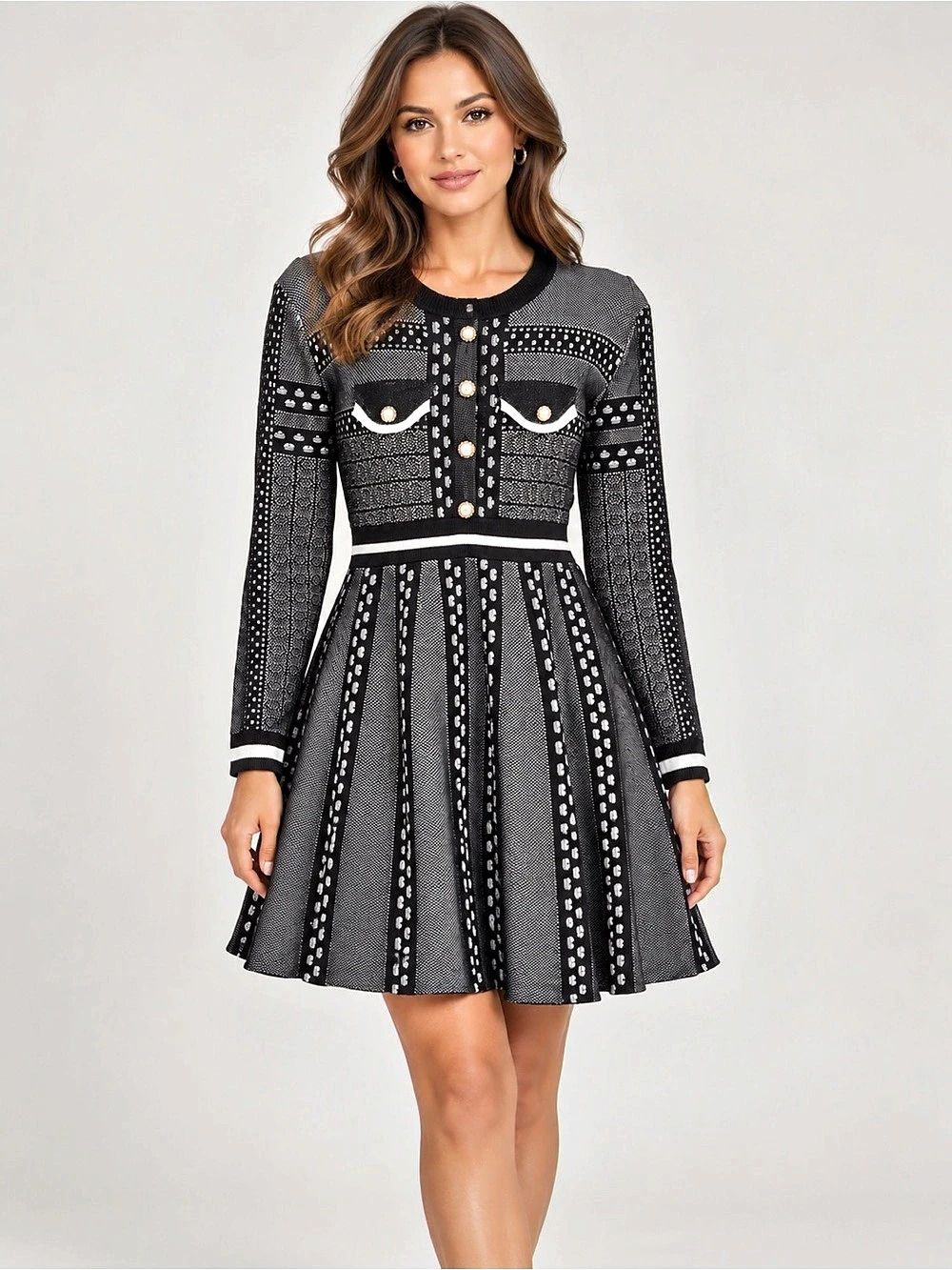 NWT Dalia MacPhee Black & White Pearl Button Knit Long Sleeve Sweater Dress XL